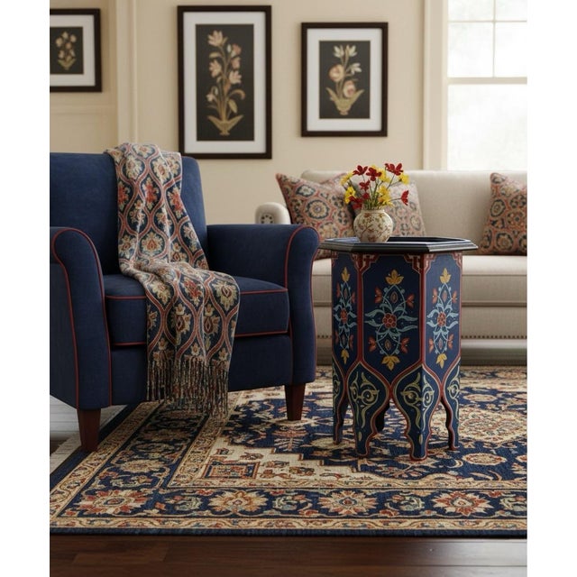 Hand-Painted Moroccan Octagonal Side Table - Cobalt & Crimson For Sale In West Palm - Image 6 of 9