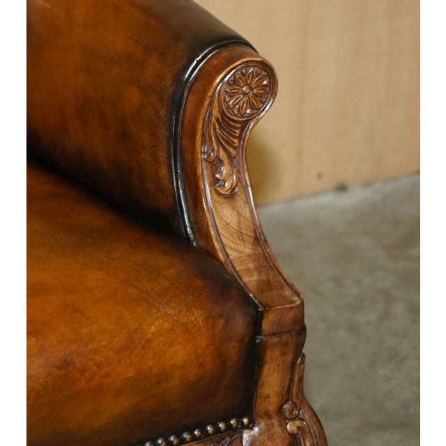 Pair of Antique Heavily Carved Hand Dyed Brown Leather Throne Armchairs For Sale - Image 13 of 18