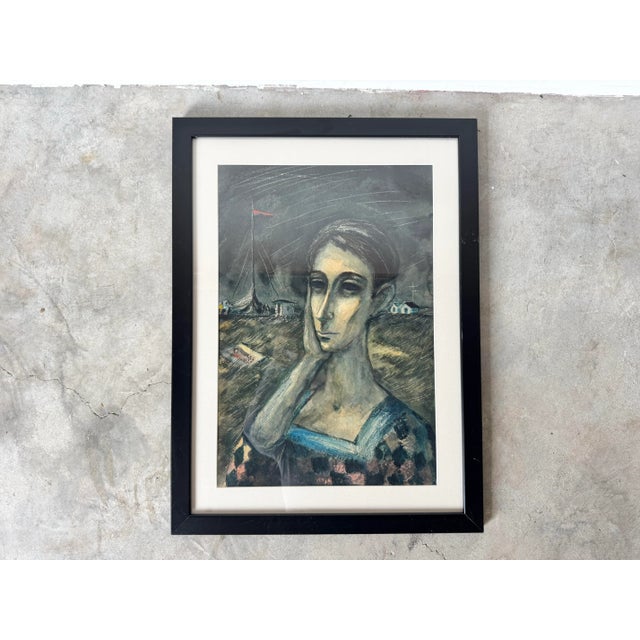 Mid-Century Modern Vintage Expressionist Watercolor Portrait Painting of a Woman by K. Urdi For Sale - Image 3 of 11