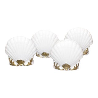 Japanese White Ceramic Shell Place Card Holders With Gold Floral Detail Set of 4 For Sale