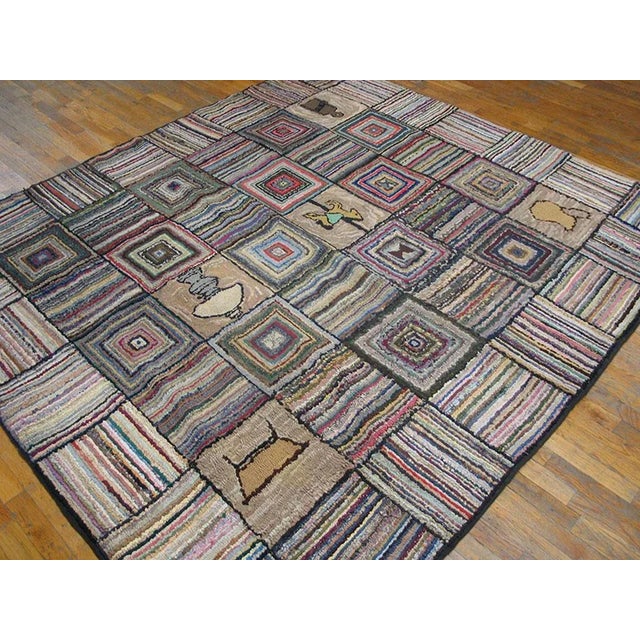Notable Multi Color With Original Geometric and Figurative Design Antique American Hooked Rug For Sale - Image 4 of 6