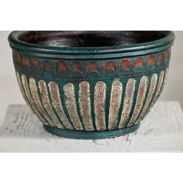 Ceramic Vintage Emerald-Green Painted Terracotta Planter with Carved Motifs For Sale - Image 7 of 18