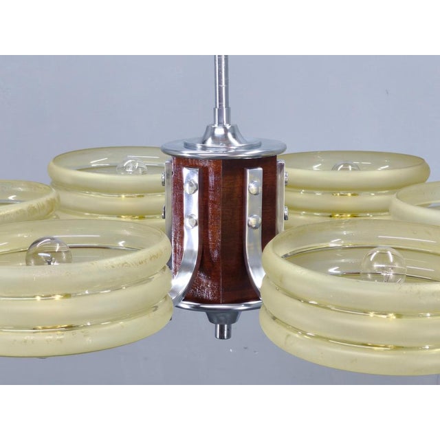Art Deco Chrome and Walnut Chandelier, Czechoslovakia, 1930s For Sale - Image 6 of 16