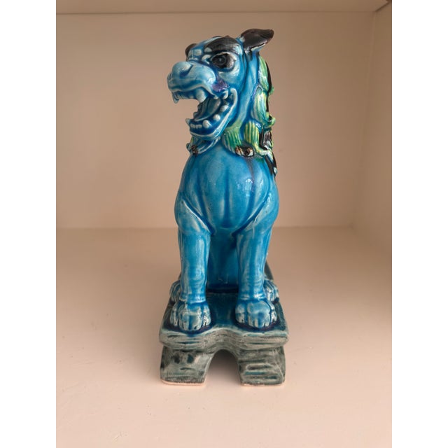 Ceramic Vintage Turquoise Glazed Ceramic Japanese Foo Dogs, Made in Japan, C. 1960s - A Pair For Sale - Image 7 of 10