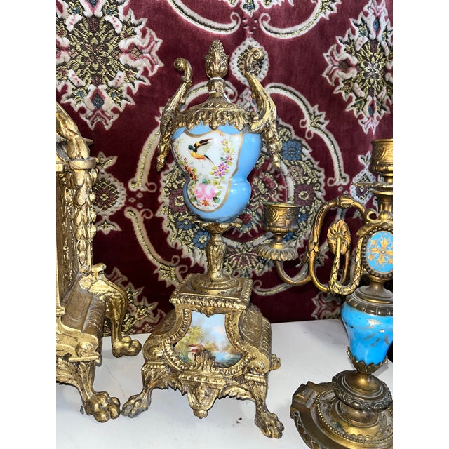 Metal Set of 5, Early 20th Century A Three Piece Clock Garniture Together With a Pair of Three Light Candelabras For Sale - Image 7 of 12