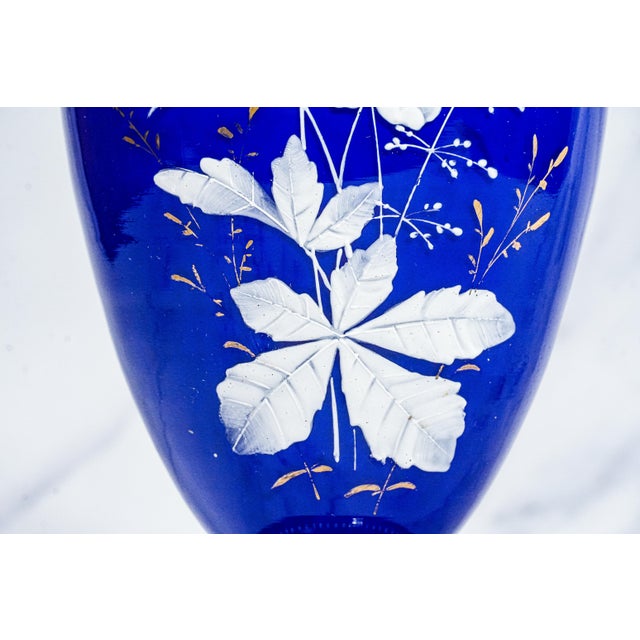 Glass Striking Cobalt Blue and Hand Painted White Dragon Fly Flower Design Antique Victorian Decorative Vase For Sale - Image 7 of 17