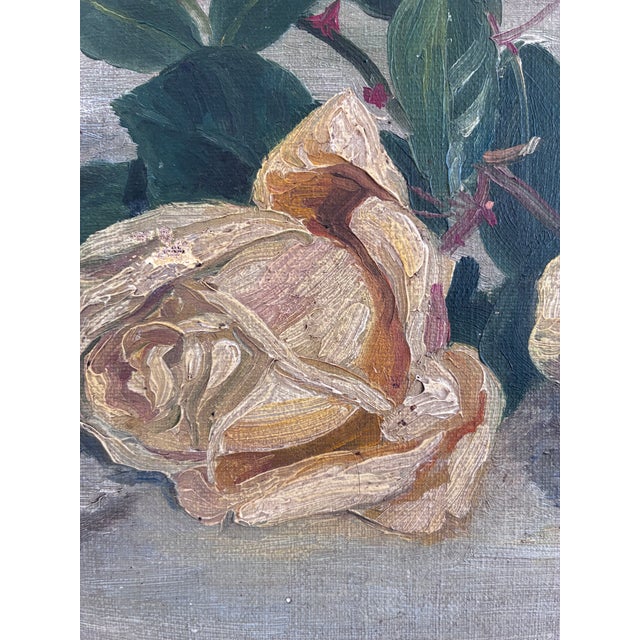 Antique Original Flower Oil Painting, Signed Yellow Roses Still Life Art For Sale - Image 9 of 16