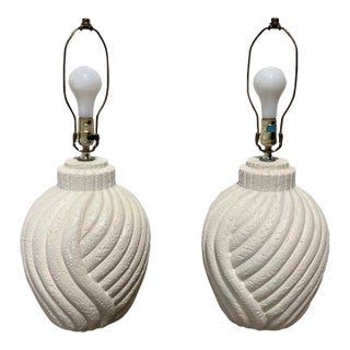 Pair of Vintage Post-Modern White Swirling Plaster Table Lamps For Sale
