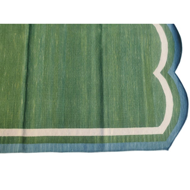 Handmade Cotton Scalloped Rug, Forest Green With Cream and Blue Border 7'x11' For Sale - Image 10 of 10