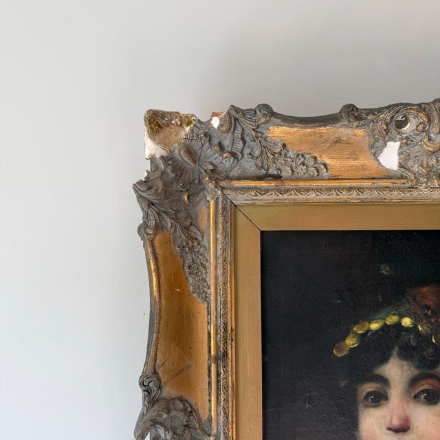 Large antique Romani girl oil portrait in gilt wood frame. This piece is quite old and recovered from a large Charleston...