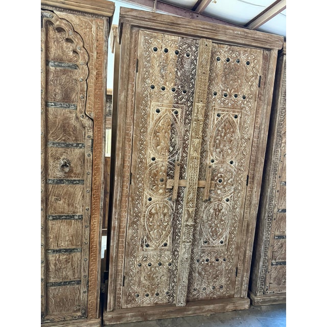 Vintage Whitewashed Carved Wood Armoire – Rustic Library Storage Cabinet For Sale In Orlando - Image 6 of 7