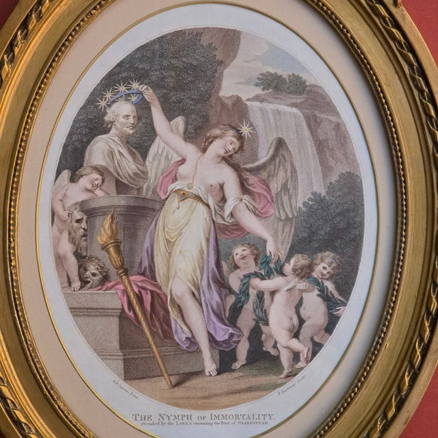 The nymph of immortality, accompanied by cupins, crowns the bust of shakespeare. the engraving depicts the nymph of...