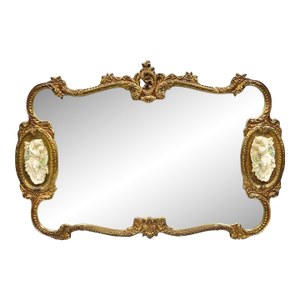Vintage French Rococo Large Gold Wall Mirror With Bisque Figural Lovers Plaques