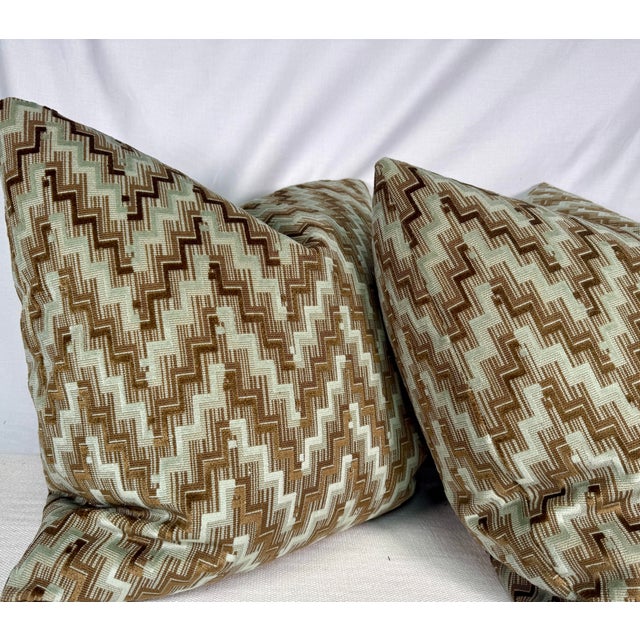 Transitional Chevron Cut Velvet in Brown/Mint 22" Pillows-a Pair For Sale - Image 3 of 3