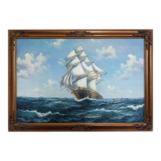 Large Original Vintage Oil Painting Sailing Ship Seascape Marine Art Framed For Sale