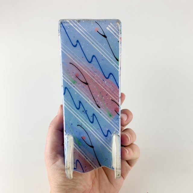 Vintage 80s Post Modern Art Pottery Memphis Style Blue Pink Line Napkin Holder For Sale In Baltimore - Image 6 of 8