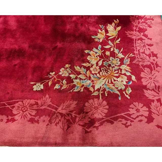 1920s Red Wine Open Field Daisies Floral Antique Chinese Art Deco Rug For Sale In New York - Image 6 of 12