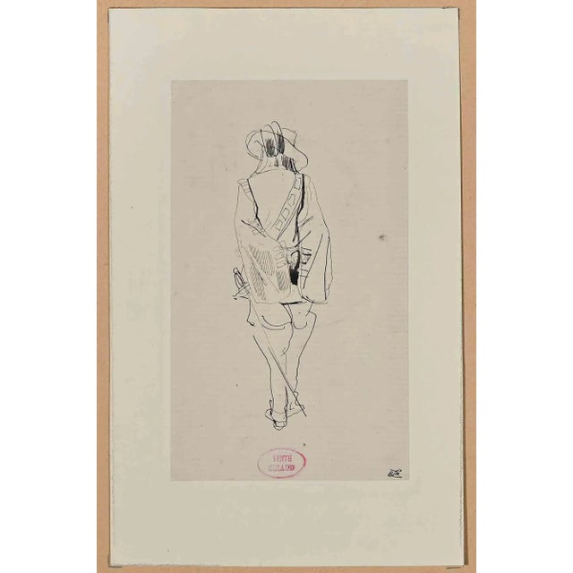 Musketeer from Behind is an Original Drawing in China Ink and watercolor realized by Eugène Giraud in the Late 19th...