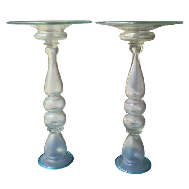 Pair of Steuben Glass Verre De Soie Candlestick Aquamarine Blue Trim.