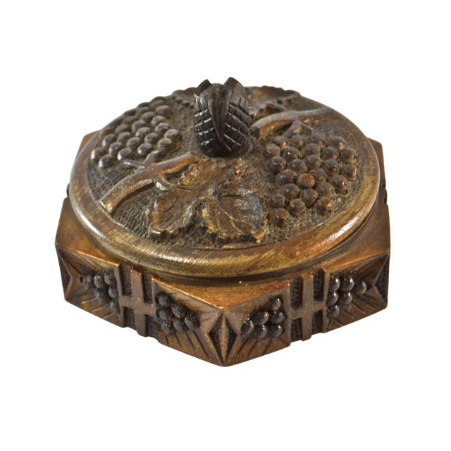 Vintage one of a kind artisan hand carved Black Forest style hexagonal box with deep cut grape leaf design pattern panels....
