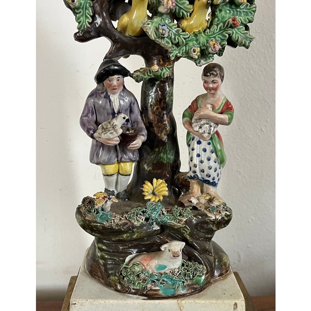 Ceramic Antique Early 19th Century English Staffordshire Figure of a Georgian Couple With Dovecote Tree Mounted as a Table Lamp For Sale - Image 7 of 12