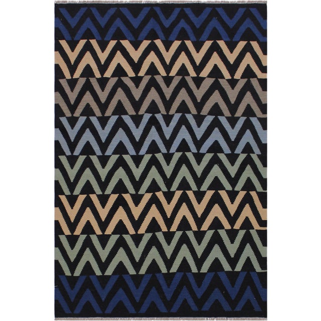 Blue Abstract Kilim Hand-Woven Wool Rug -5′3″ × 6′8″ For Sale - Image 8 of 8