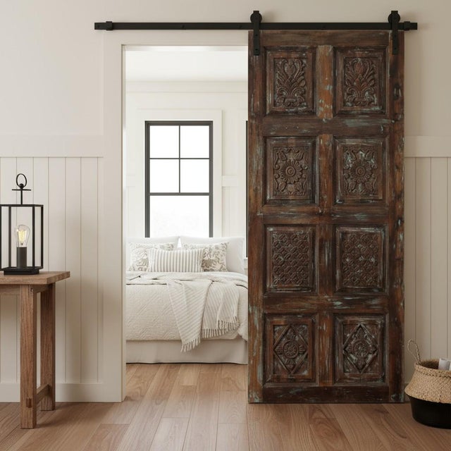 Mid-Century Modern Vintage Distressed Carved Wood Barn Door | Reclaimed Rustic Architectural Statement 80x36 For Sale - Image 3 of 3