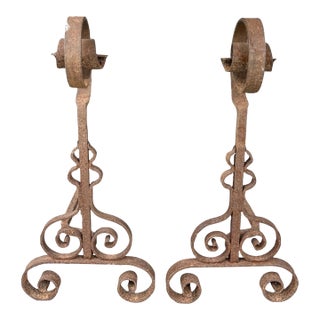 Antique Wrought Iron Andirons | Hand-Forged Scrollwork Fireplace Dogs | 26.5” Tall Primitive Hearth Set For Sale