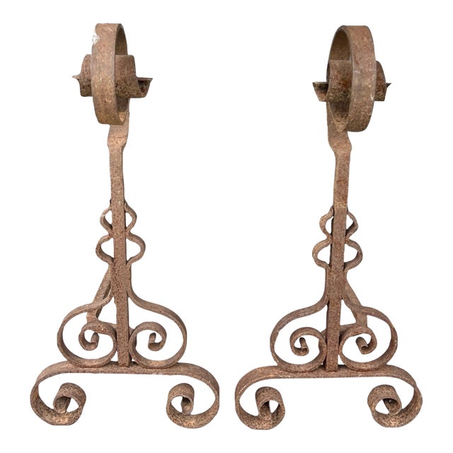 Antique Wrought Iron Andirons | Hand-Forged Scrollwork Fireplace Dogs | 26.5” Tall Primitive Hearth Set For Sale