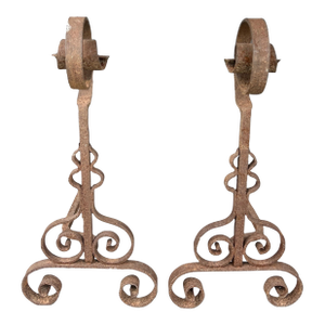 Antique Wrought Iron Andirons | Hand-Forged Scrollwork Fireplace Dogs | 26.5” Tall Primitive Hearth Set