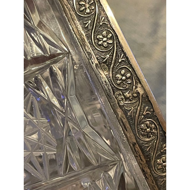 Art Nouveau Silver Rimmed Deeply Brilliant Cut Glass Round 6" Accent Bowl For Sale - Image 10 of 11