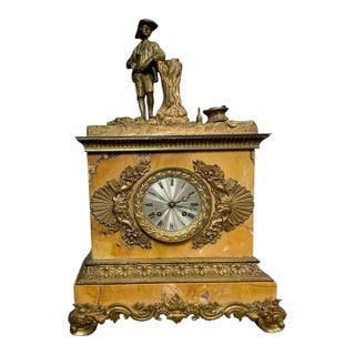Clock Antique Marble With Sculpture and Brass Accent Mantel French Decor For Sale