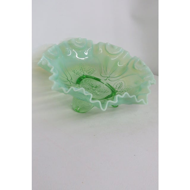 Mid 20th Century Jefferson Glass Meander Fluted Green Opalescent Candy Dish 3 Foot 4569b For Sale - Image 5 of 14