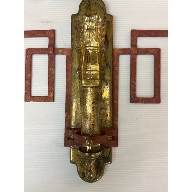Vintage Chinoiserie Glass Torch + Metal Wall Sconces, Pair For Sale - Image 11 of 12