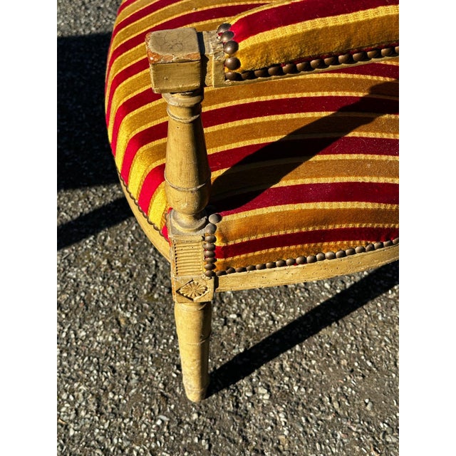 Louis XVI Cabriolet Armchair in Patinated Wood and Striped Velvet For Sale - Image 14 of 15