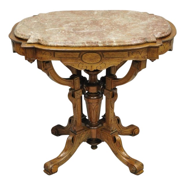 Antique Eastlake Victorian Carved Walnut Marble Top Parlor Lamp Side Table For Sale