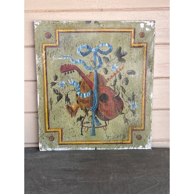 Pair of Large French Louis XVI Style Painted Oil on Wood Trophy Paintings For Sale - Image 10 of 10