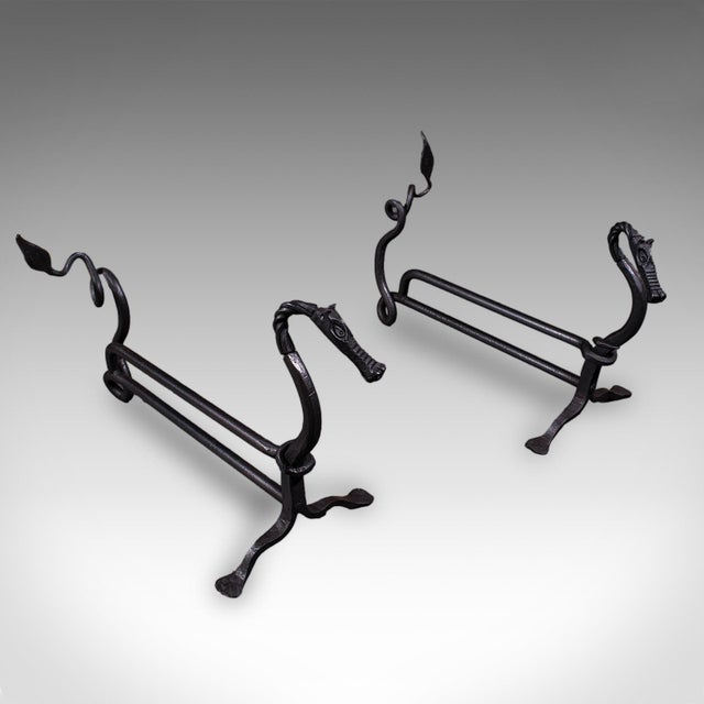 Antique Dragon Motif Fireplace Set, English, Fire Basket, Andirons, Edwardian For Sale - Image 12 of 12