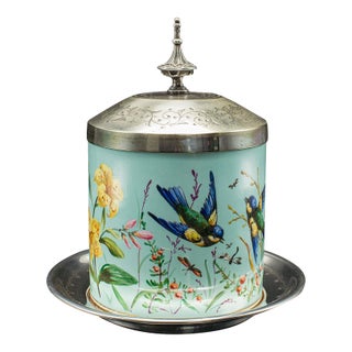 Antique Biscuit Barrel, English, Ceramic, Silver Plate, Kitchen Jar, Victorian For Sale