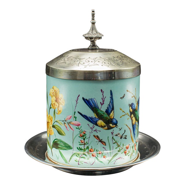 Antique Biscuit Barrel, English, Ceramic, Silver Plate, Kitchen Jar, Victorian For Sale