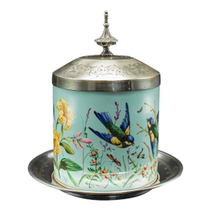 Antique Biscuit Barrel, English, Ceramic, Silver Plate, Kitchen Jar, Victorian