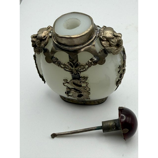 Opaline Glass Snuff Bottle Embellished With Silver Tone Dragons and Lions For Sale - Image 16 of 17