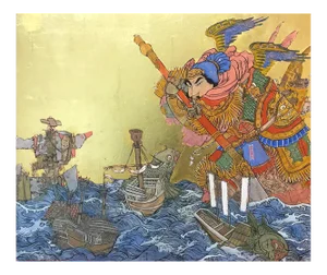 Giant at Sea, Asian Inspired Painting with Samurai, Ink, Egg-Tempera & Gold Leaf, 2019