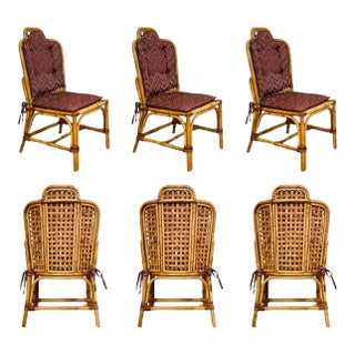 1970s Scalloped Rattan and Bamboo Dining Chairs With Chevron Cushions – Set of 6 For Sale