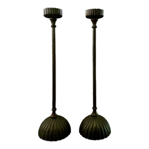 Vintage Tall Bronze Chrysanthemum Altar Candle Stands / Holders / Candlesticks in the Japanese Style by Silvestri, a Pair