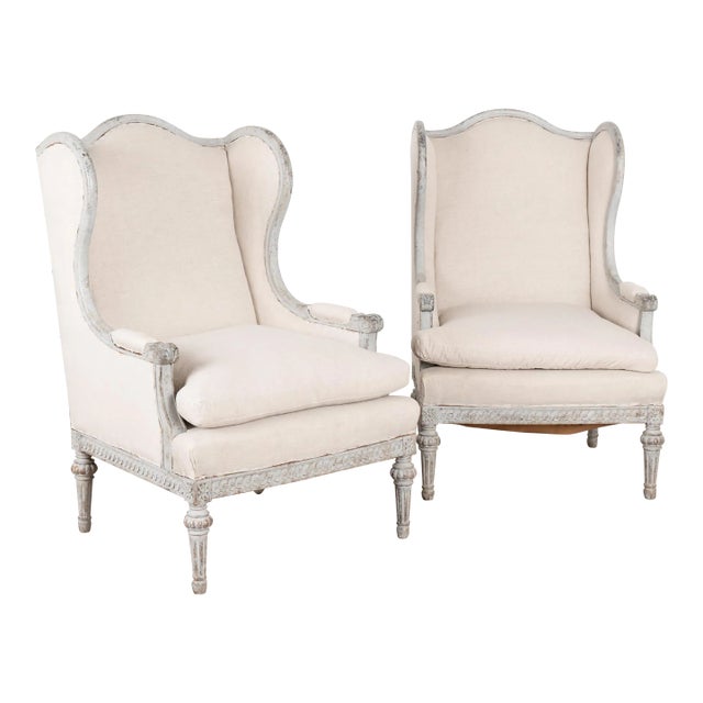 Pair, Gustavian Style Wingback Arm Chairs From Sweden, Circa 1920-40 For Sale