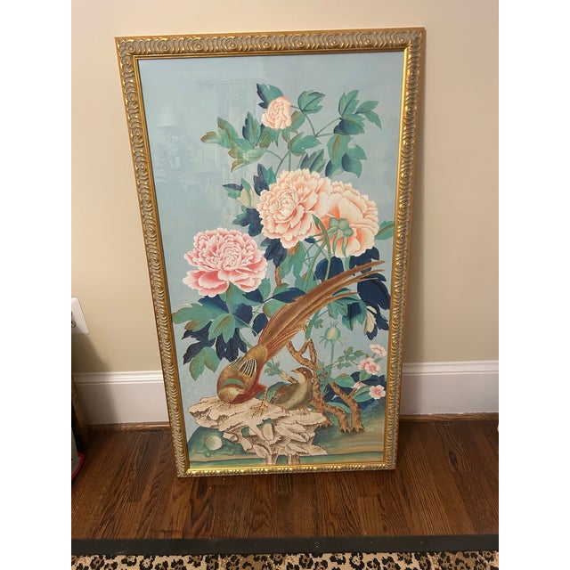1990s Chinoiserie Oil on Silk Painting of Birds With Lotus Blooms by Chelsea - a Pair For Sale - Image 10 of 18