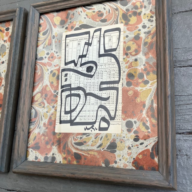 2 original 4 x 6 marker drawings done on vintage train schedules laid down on vintage marbleized paper both signed Overall...