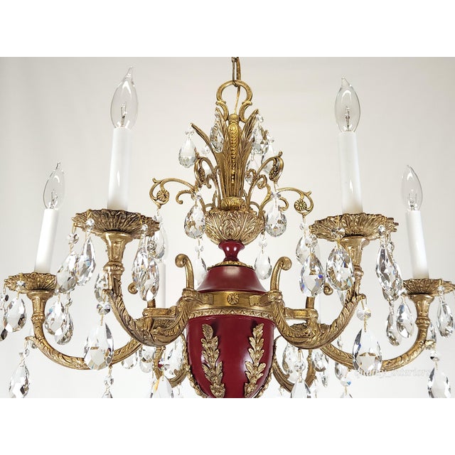 Offered for your consideration is an Antique 6 Light Shimmering Oxblood Empire Brass Cut Lead Crystal Chandelier The...