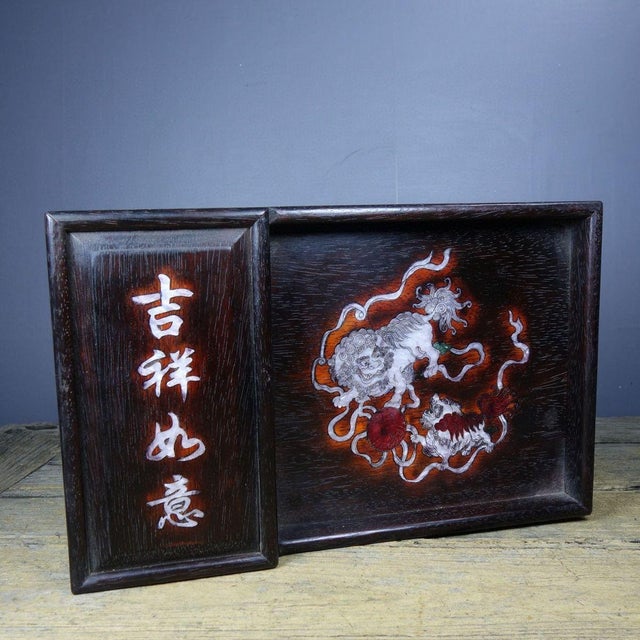 Vintage Chinese Rosewood Mother-of-Pearl Inlay Tea Tray With Sliding Compartment, Twin Foo Lions For Sale In Los Angeles - Image 6 of 9
